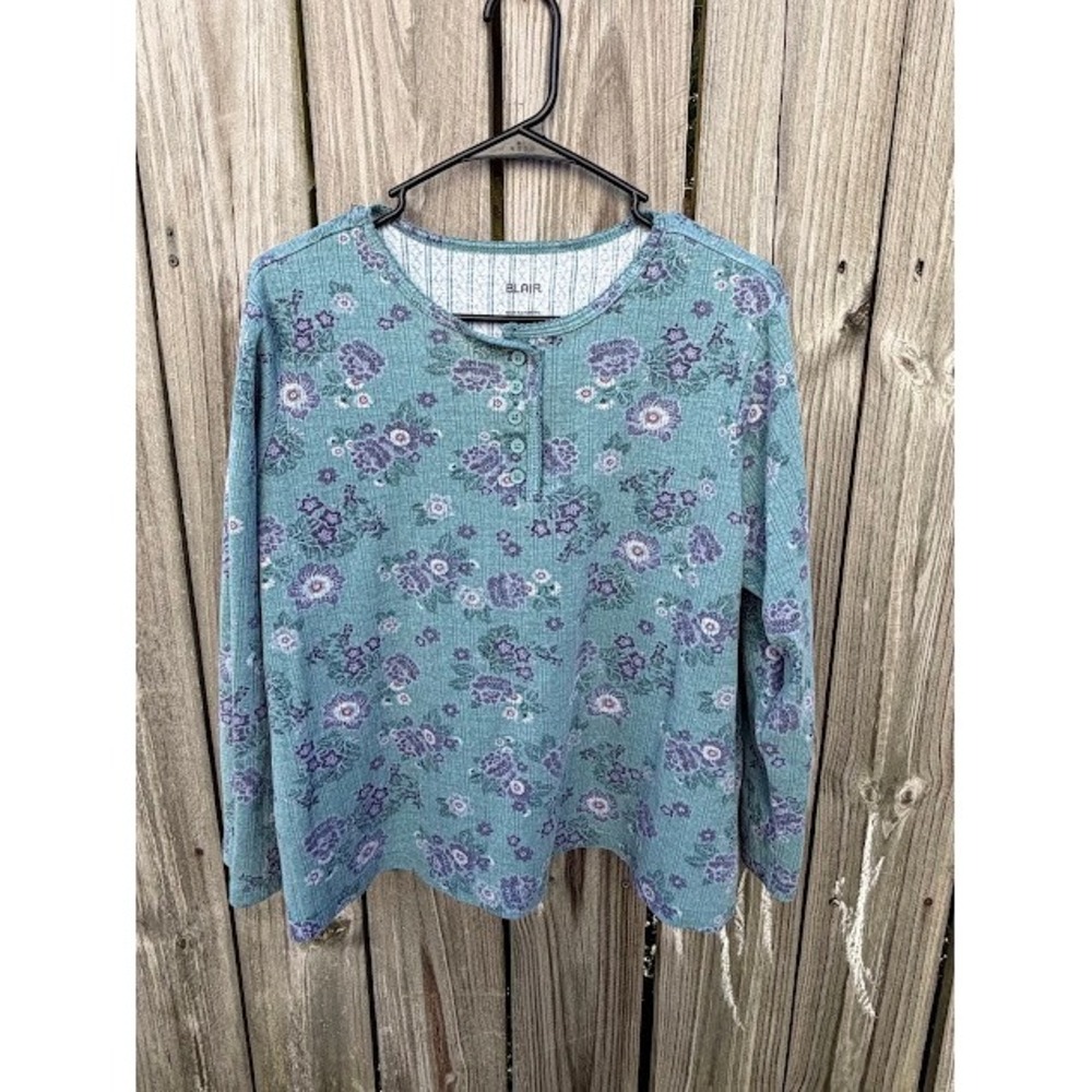 Cottagecore Blair Floral Henley Top Large Teal Purple Ribbed Long Sleeve Shirt